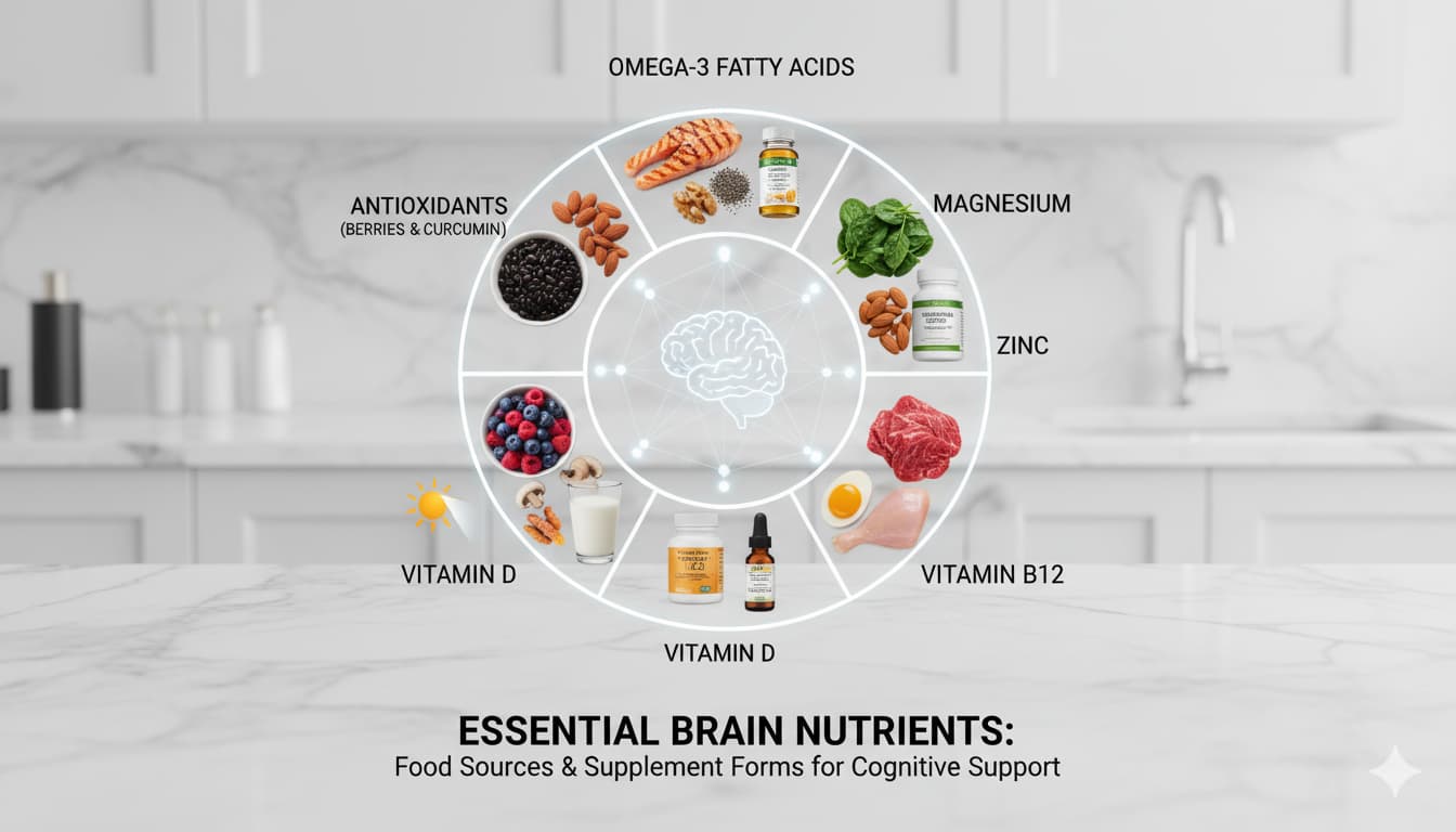 Essential brain nutrients displayed with their food sources and supplement forms