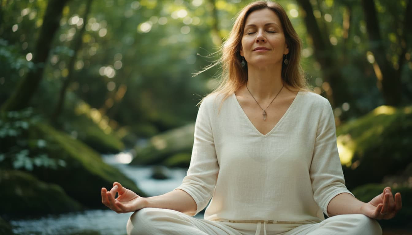Person meditating with glowing pineal gland illustration in brain center