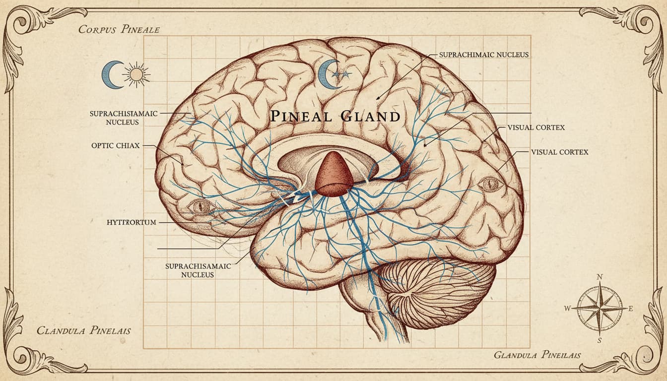 Anatomical illustration of the pineal gland location in the brain with neural connections