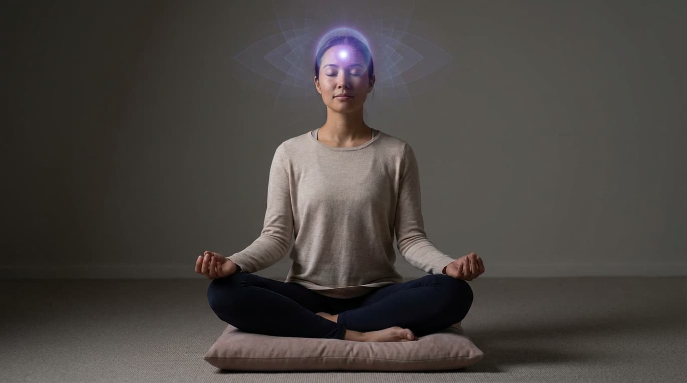 Person in deep meditation with visualization of activated pineal gland