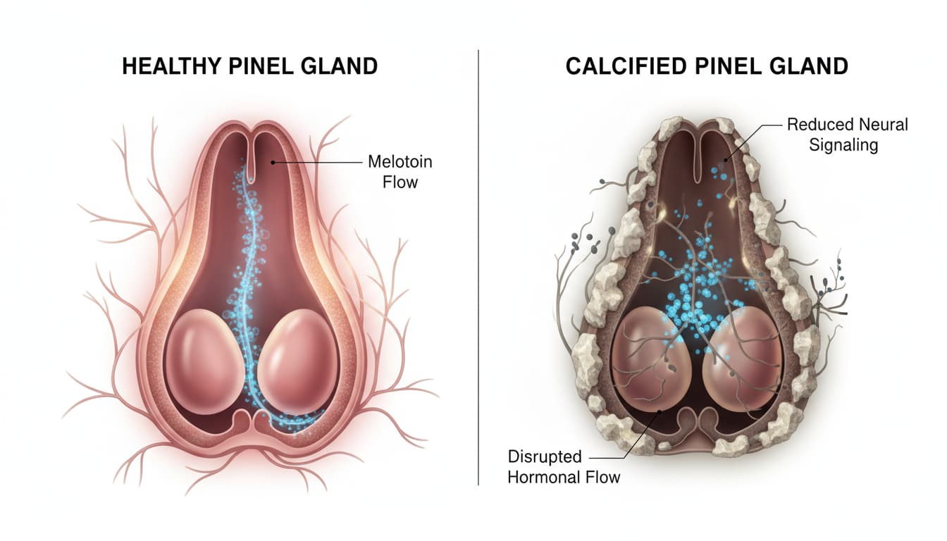 Comparison of healthy vs calcified pineal gland showing functional differences